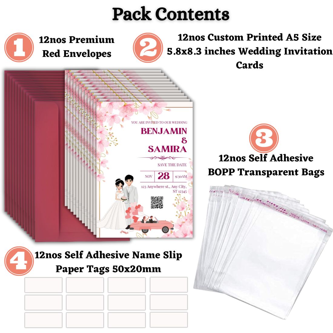 Custom Wedding Invitation Cards with Envelopes | Pack of 12 | One side Printed