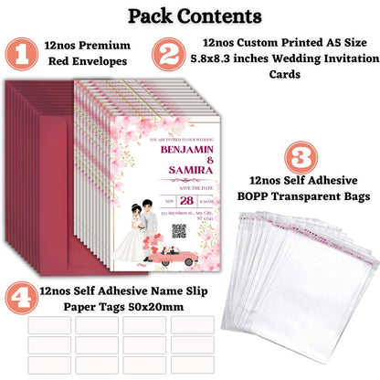Custom Wedding Invitation Cards with Envelopes | Pack of 12 | One side Printed