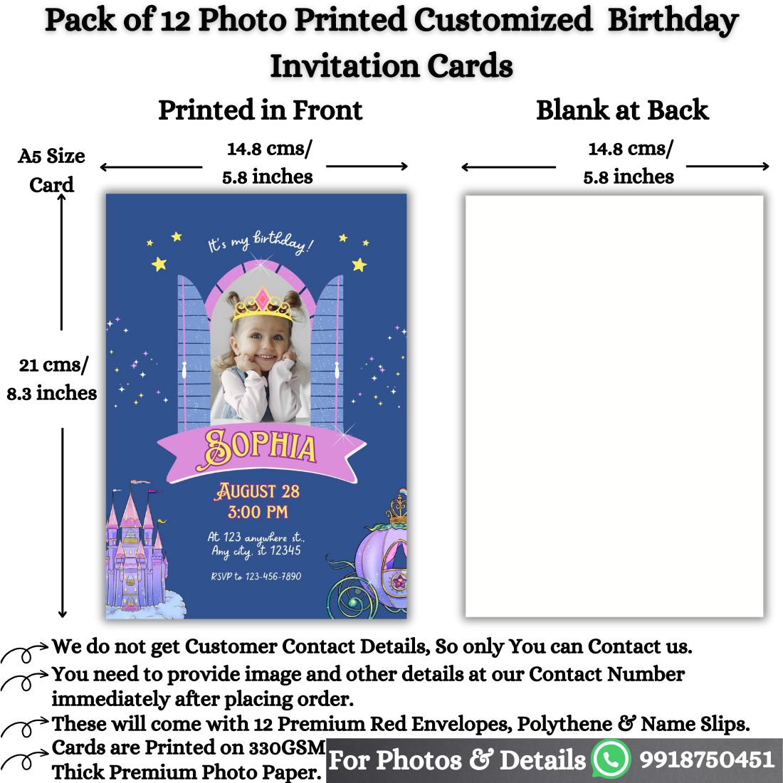 Custom Birthday Invitation Card for Kids with Envelopes | Pack of 12 | One side Printed