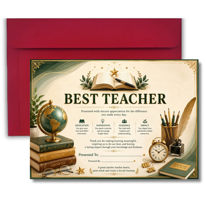 Best Teacher Certificate A4 Appreciation Award Gift