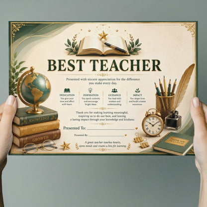 Best Teacher Certificate A4 Appreciation Award Gift