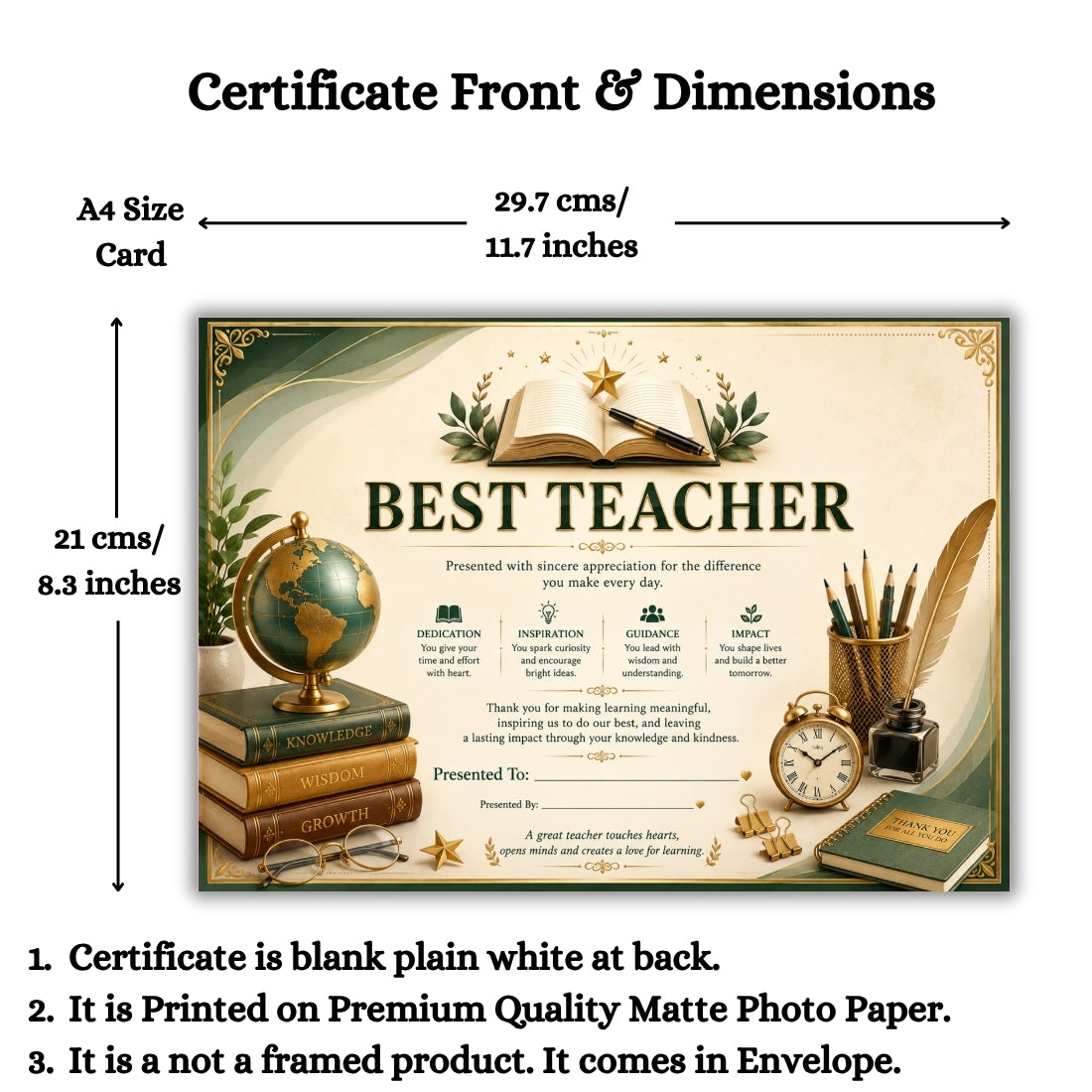 Best Teacher Certificate A4 Appreciation Award Gift