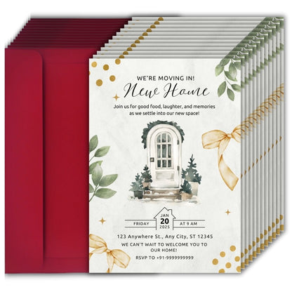 Customized Housewarming Invitation Cards, Pack of 12 Personalized 5.8x8.3 Inch with Premium Red Envelopes