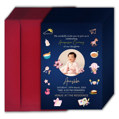 Customised Annaprashan Invitation Cards Pack of 12 , 5.8x8.3 Inch with Envelopes for Rice Ceremony