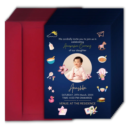 Customised Annaprashan Invitation Cards Pack of 12 , 5.8x8.3 Inch with Envelopes for Rice Ceremony
