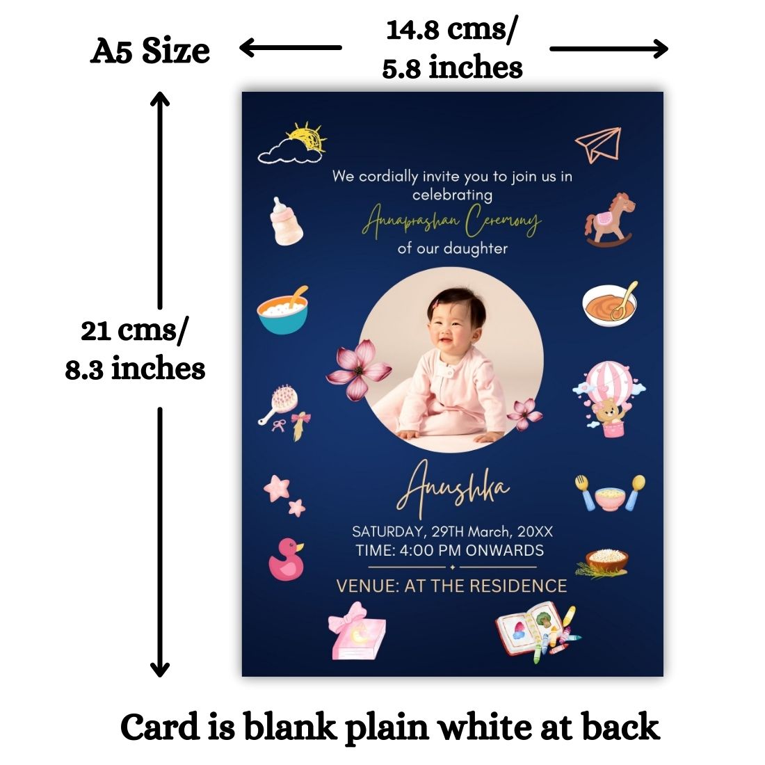 Customised Annaprashan Invitation Cards Pack of 12 , 5.8x8.3 Inch with Envelopes for Rice Ceremony