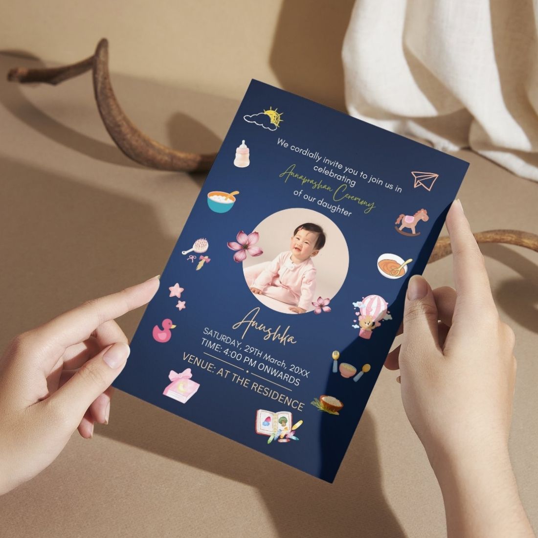 Customised Annaprashan Invitation Cards Pack of 12 , 5.8x8.3 Inch with Envelopes for Rice Ceremony
