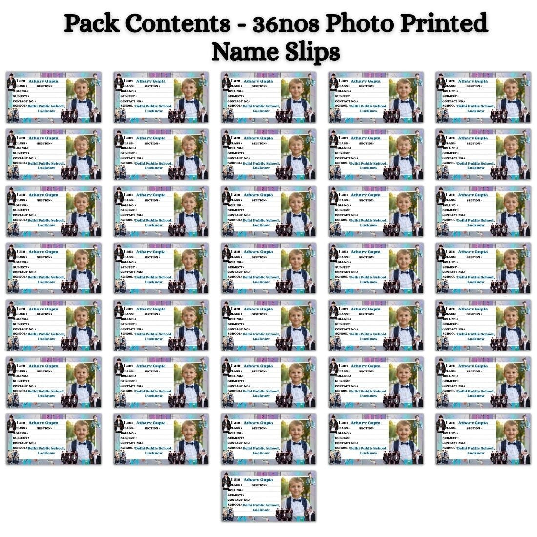 Aanya Centric personalised name slips for school, featuring a child's photo and BTS member images. Pack of 36, 10x5 cm.