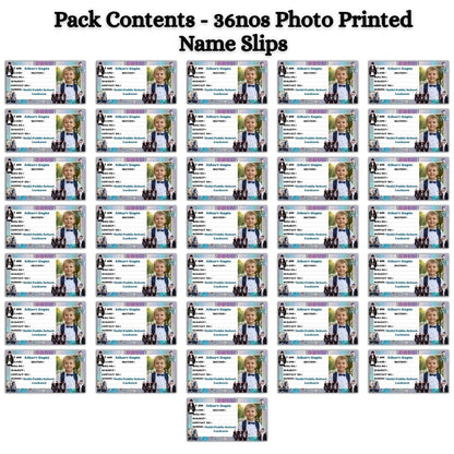 Aanya Centric personalised name slips for school, featuring a child's photo and BTS member images. Pack of 36, 10x5 cm.