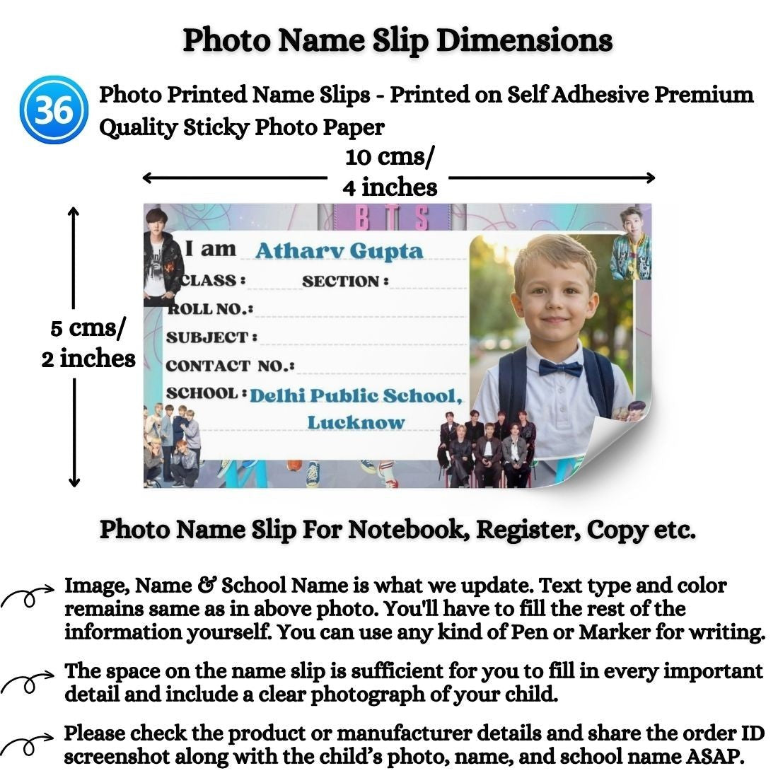 Aanya Centric personalised BTS photo name slips, 10x5 cm, pack of 36. Features BTS member photos, pastel and sparkle design, child's photo, name, and school name.