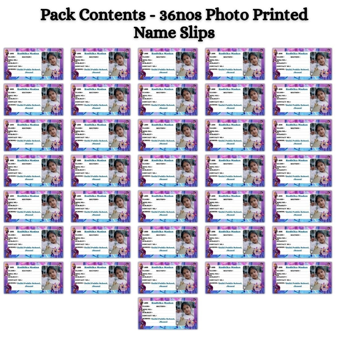 Aanya Centric K-Pop Demon Hunters personalised name slips with photo, name, and school details. Pack of 36.