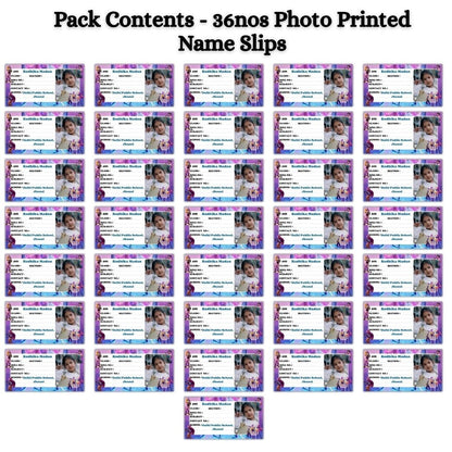 Aanya Centric K-Pop Demon Hunters personalised name slips with photo, name, and school details. Pack of 36.