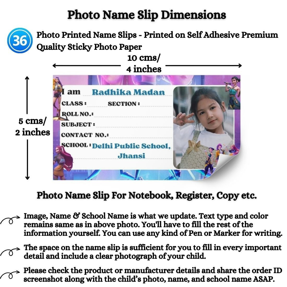 Aanya Centric personalised K-Pop Demon Hunters name slips for school books, featuring a child's photo, name, and school name. Pack of 36, 10x5 cm.