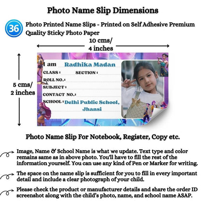 Aanya Centric personalised K-Pop Demon Hunters name slips for school books, featuring a child's photo, name, and school name. Pack of 36, 10x5 cm.