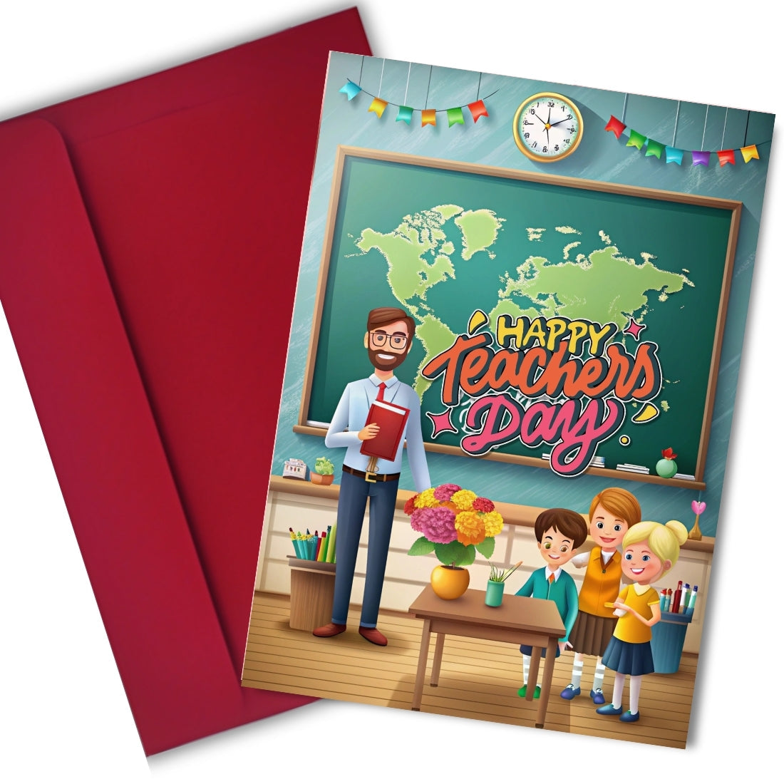 Aanya Centric Happy Teachers Day greeting card with a classroom illustration and a premium red envelope.