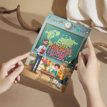 Aanya Centric Happy Teachers Day greeting card featuring a classroom illustration with a teacher and students.