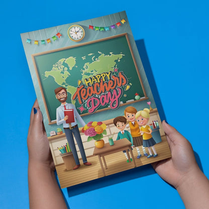 Aanya Centric Happy Teachers Day greeting card featuring a classroom illustration held against a blue background.