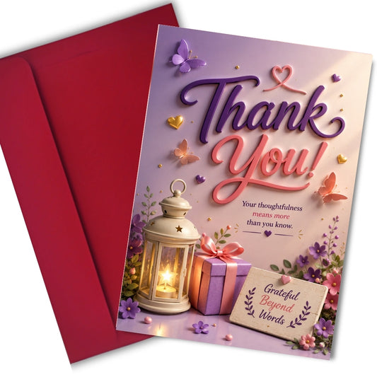 Aanya Centric Thank You greeting card with a lantern, gift box, and butterflies on a purple and pink background.