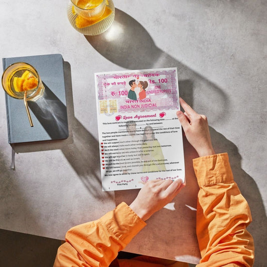 Aanya Centric personalised love agreement card with couple photo, inspired by Indian stamp paper, for Valentine's Day.