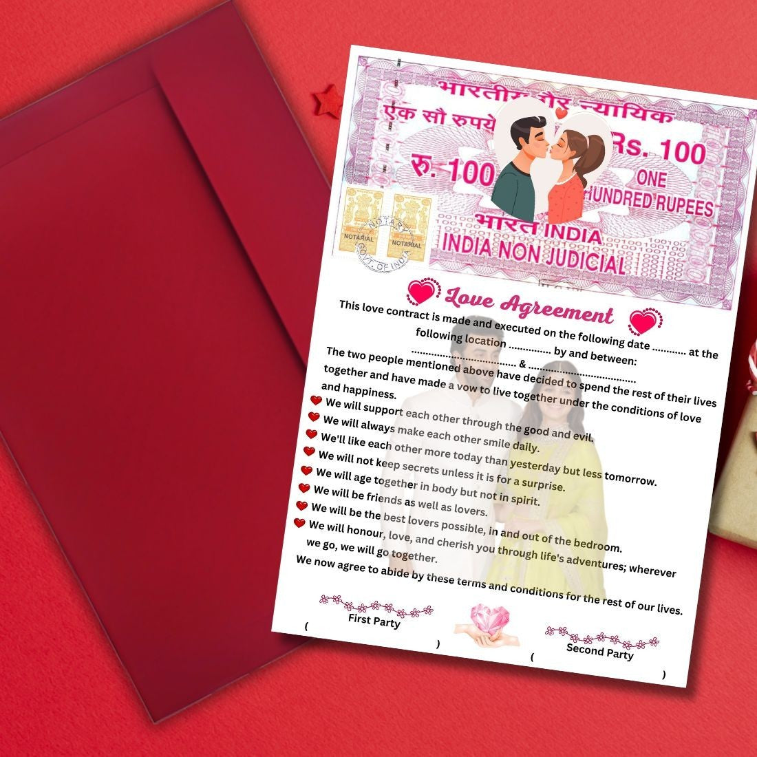Aanya Centric personalised love agreement card with couple photo, red envelope, and heartfelt promises. Ideal Valentine's gift.
