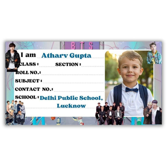 Aanya Centric personalised BTS name slips for school, featuring a child's photo, name, and school details. Pack of 36.