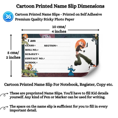 Kids Name Slips Cartoon Printed - Pack of 36 - Self Fill in
