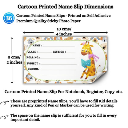 Kids Name Slips Cartoon Printed - Pack of 36 - Self Fill in