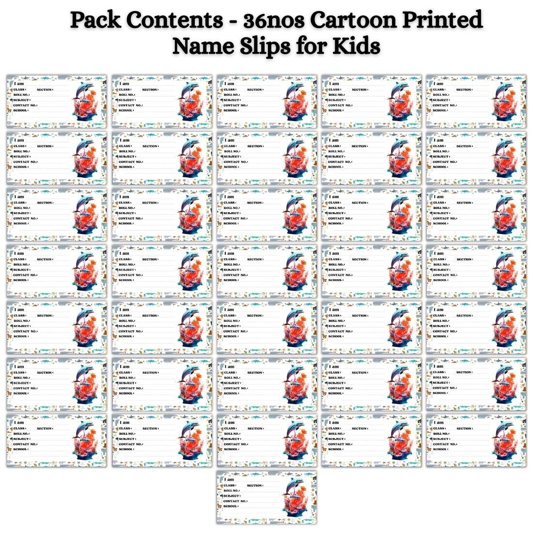 Kids Name Slips Cartoon Printed - Pack of 36 - Self Fill in