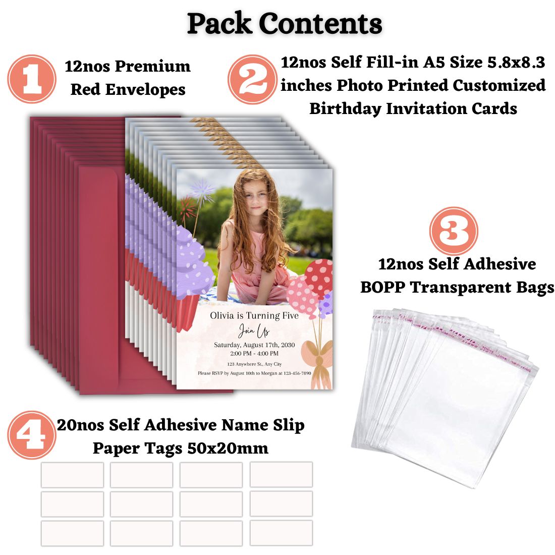 Custom Birthday Invitation Card for Kids with Envelopes | Pack of 12 | One side Printed