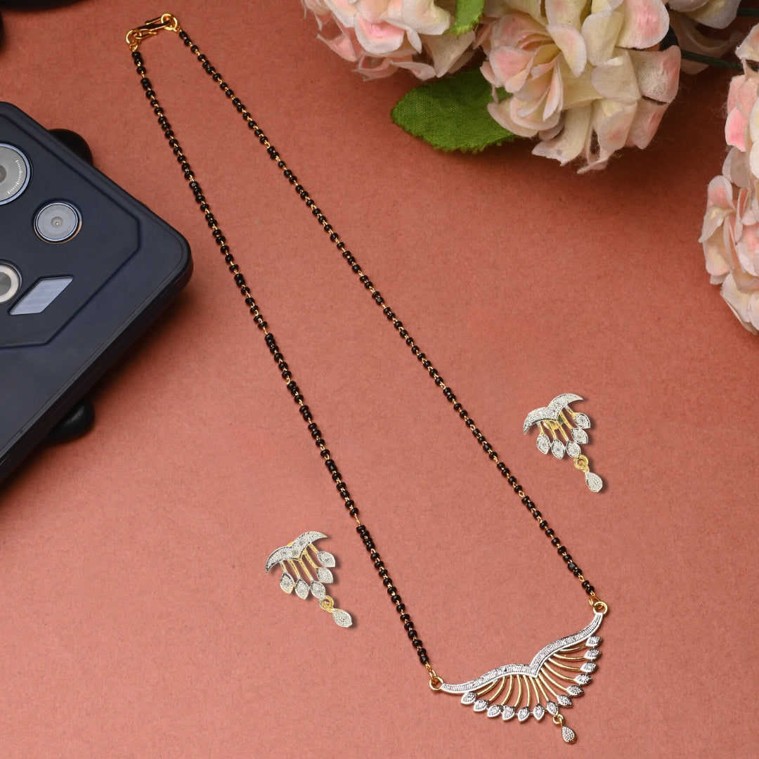 Gold Plated AD Mangalsutra Pendant and Earrings Set with Black Beads Chain