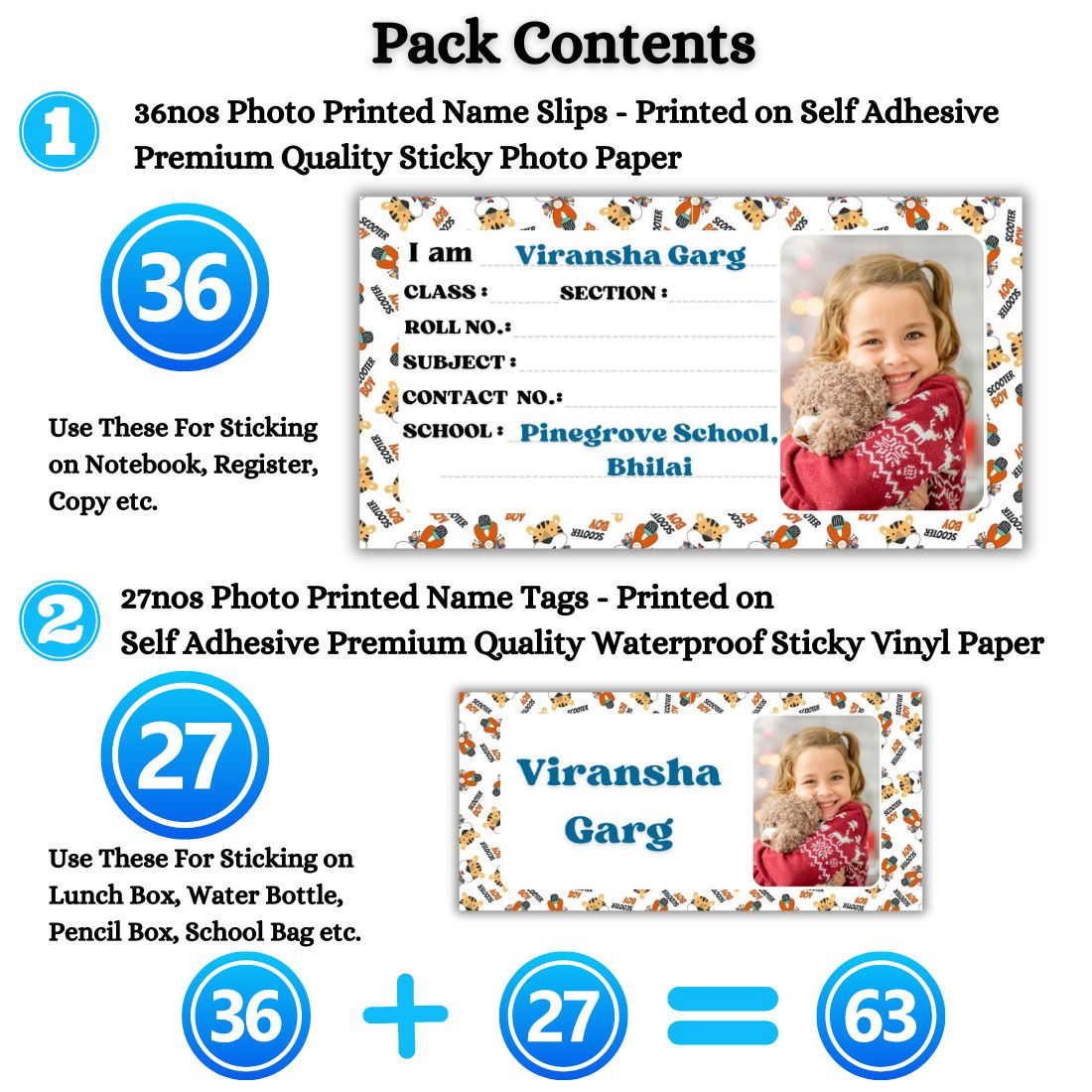 Kids Photo Name Slips & Tags | Pack of 63 | 36 Name Slips & 27 Tags