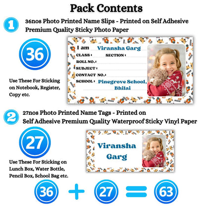 Kids Photo Name Slips & Tags | Pack of 63 | 36 Name Slips & 27 Tags