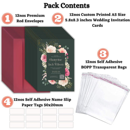 Custom Wedding Invitation Cards with Envelopes | Pack of 12 | One side Printed