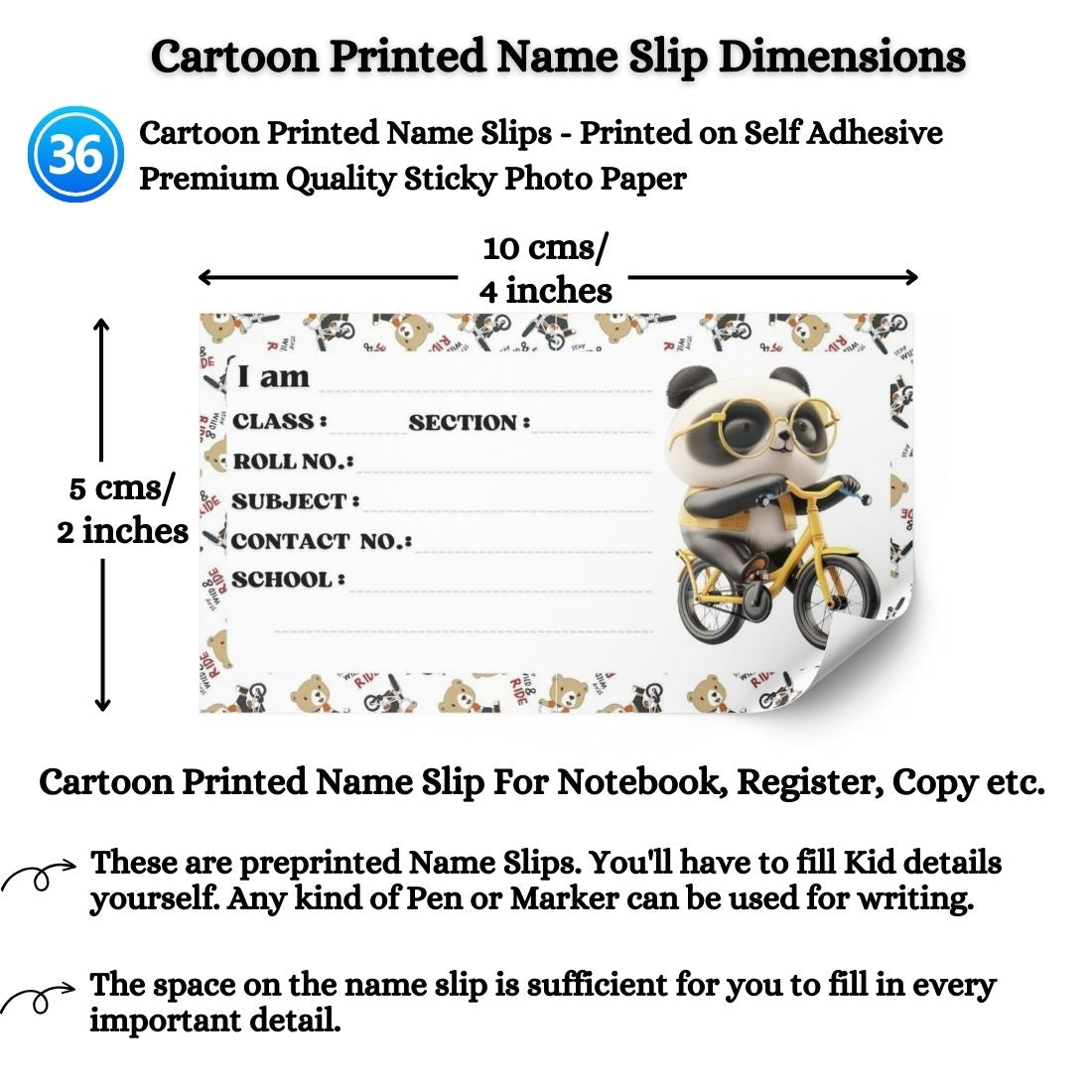 Kids Name Slips Cartoon Printed - Pack of 36 - Self Fill in