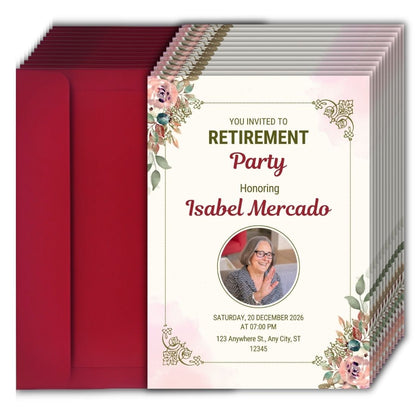 Customised Retirement Farewell Party Invitation Cards with Photo Pack of 12 with Envelopes