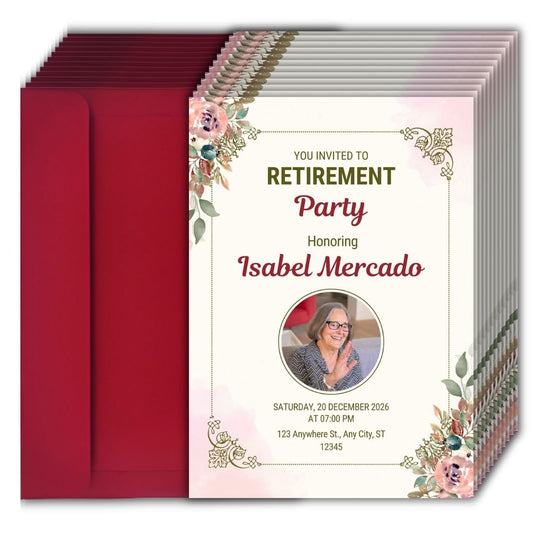 Customised Retirement Farewell Party Invitation Cards with Photo Pack of 12 with Envelopes