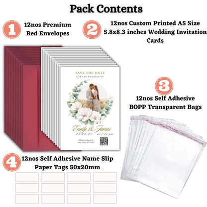 Custom Wedding Invitation Card with Couple Photo | Pack of 12 | One side Printed | Envelopes Included