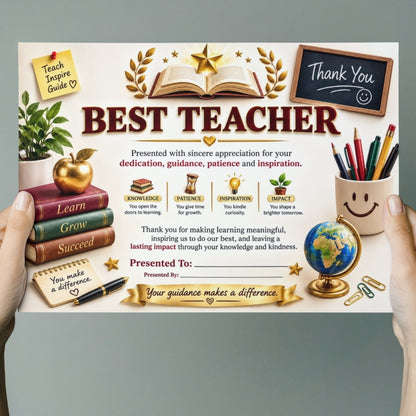 Best Teacher Certificate – A4 Teacher Appreciation Award Certificate for Teachers | Premium Printed Thank You Gift