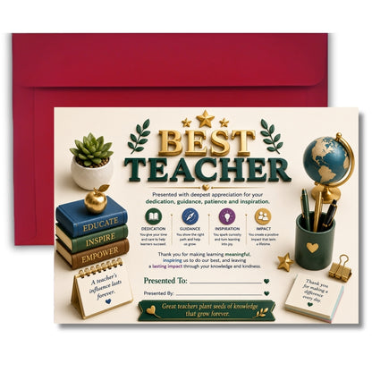 Best Teacher Certificate – A4 Teacher Appreciation Award Certificate for Teachers | Premium Printed Thank You Gift
