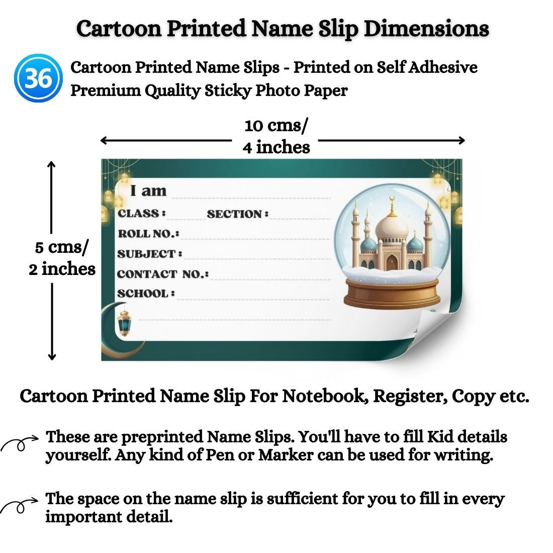 Kids Name Slips Cartoon Printed - Pack of 36 - Self Fill in