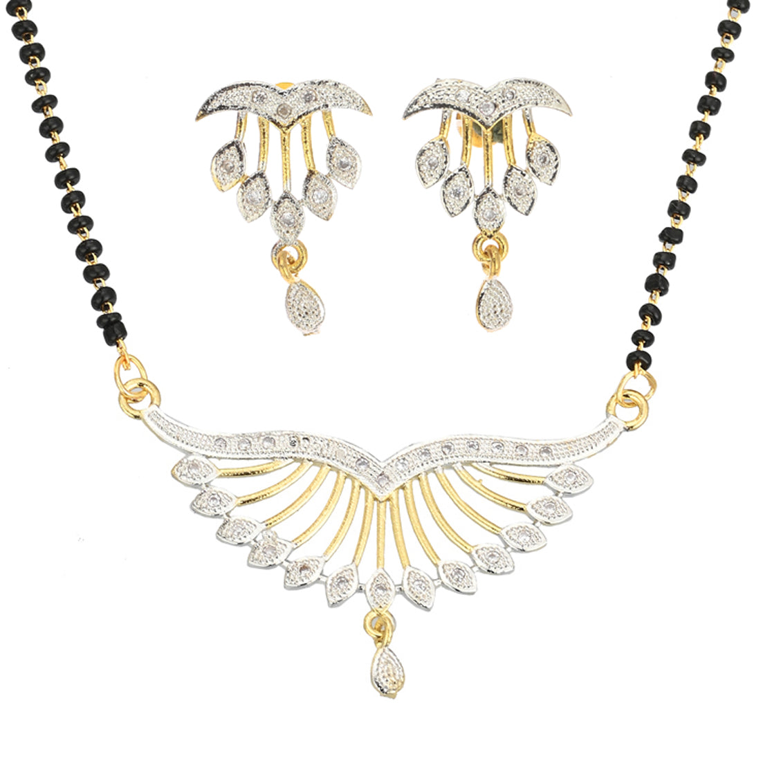 Gold Plated AD Mangalsutra Pendant and Earrings Set with Black Beads Chain