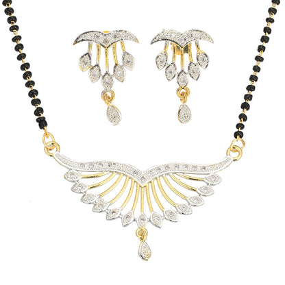 Gold Plated AD Mangalsutra Pendant and Earrings Set with Black Beads Chain