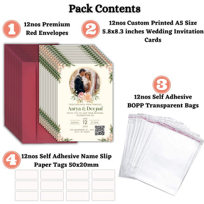 Custom Wedding Invitation Card with Couple Photo | Pack of 12 | One side Printed | Envelopes Included