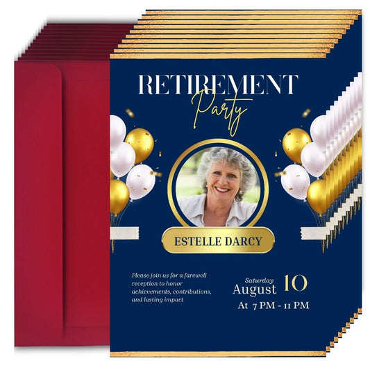 Customised Retirement Farewell Party Invitation Cards with Photo Pack of 12 with Envelopes