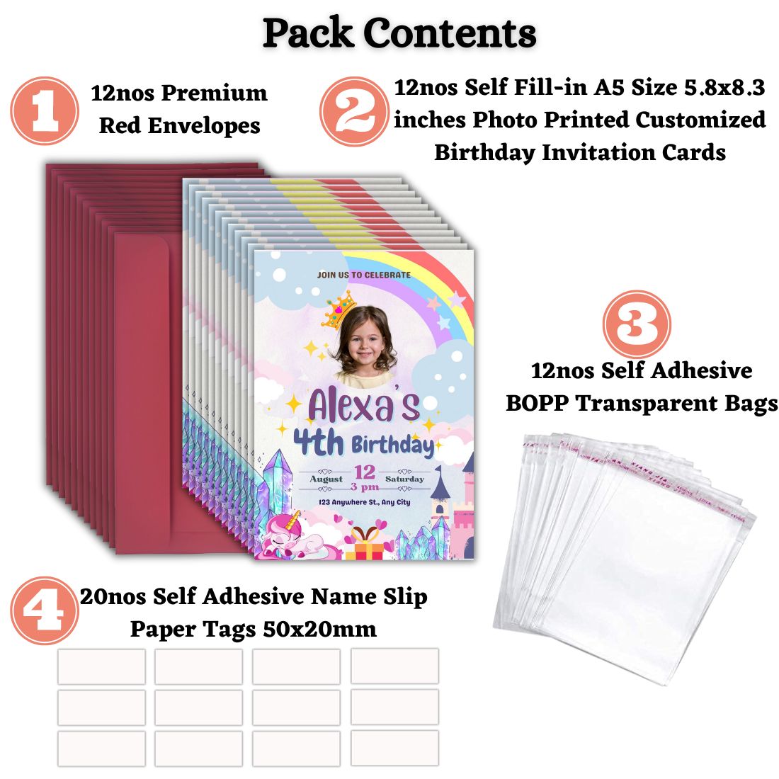 Custom Birthday Invitation Card for Kids with Envelopes | Pack of 12 | One side Printed