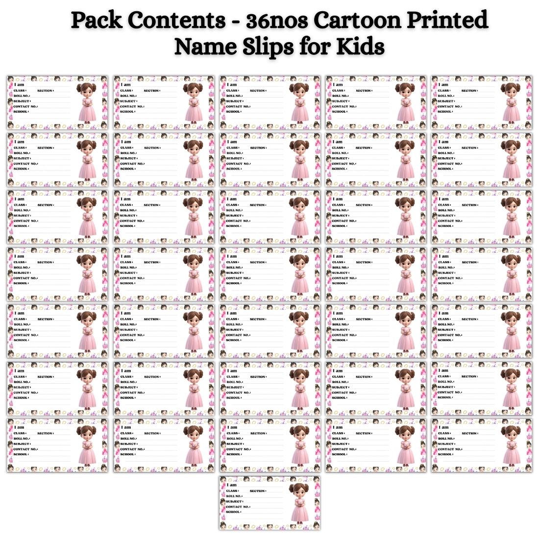 Kids Name Slips Cartoon Printed - Pack of 36 - Self Fill in