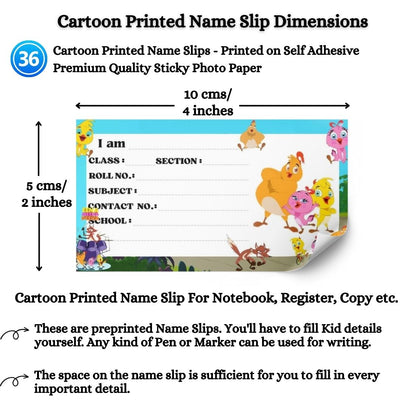 Kids Name Slips Cartoon Printed - Pack of 36 - Self Fill in