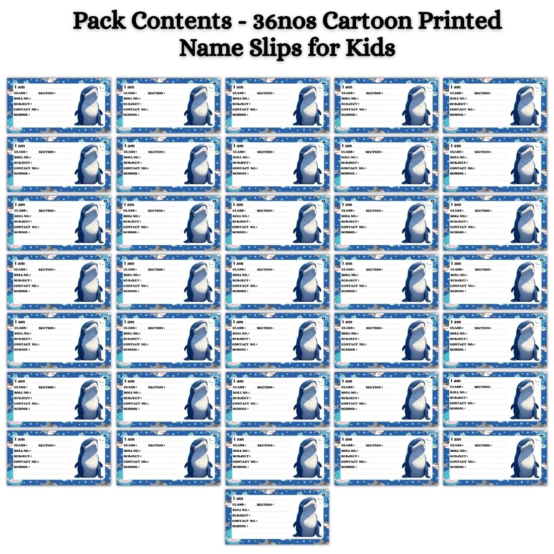 Kids Name Slips Cartoon Printed - Pack of 36 - Self Fill in