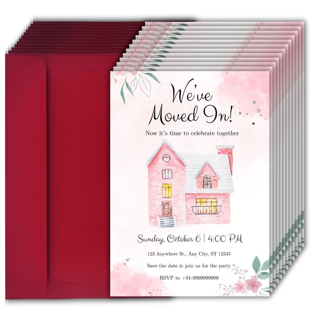 Customized Housewarming Invitation Cards, Pack of 12 Personalized 5.8x8.3 Inch with Premium Red Envelopes