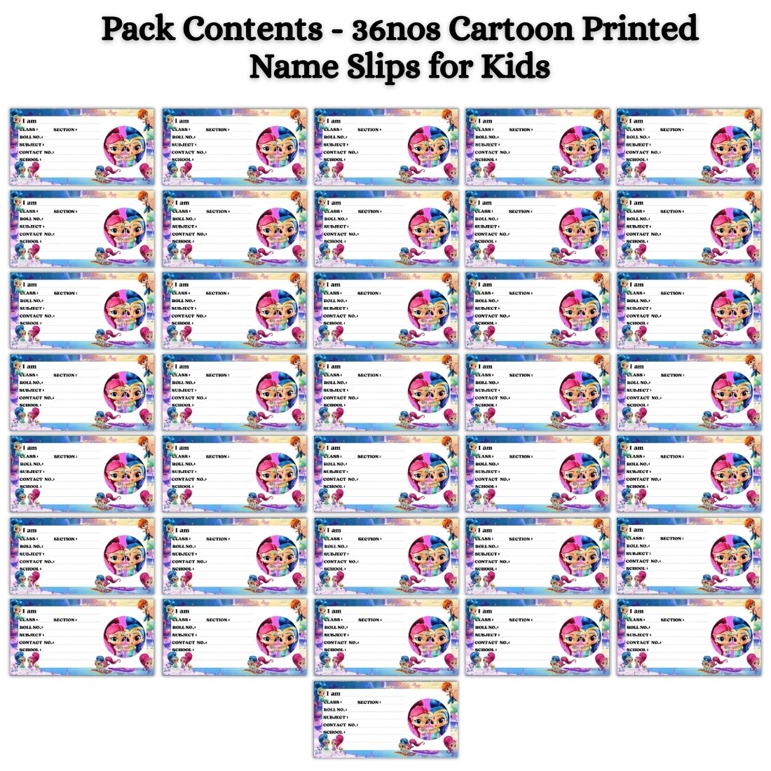 Kids Name Slips Cartoon Printed - Pack of 36 - Self Fill in